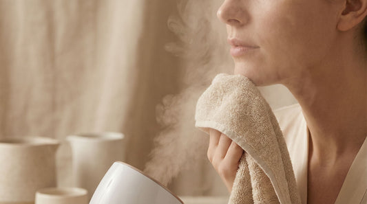 Person enjoying soft facial steam at home with warm spa lighting, face not visible — editorial image for Léonaé UK.