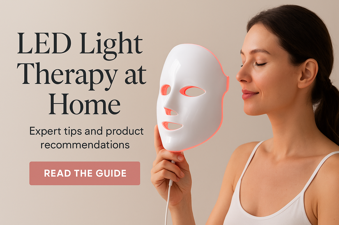 Woman using LED light therapy mask at home for glowing skin