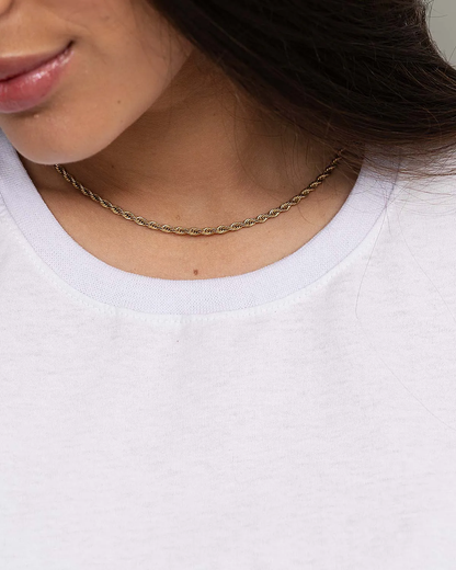 “Close-up of ribbed neckline on women’s white 100% cotton T-shirt.”