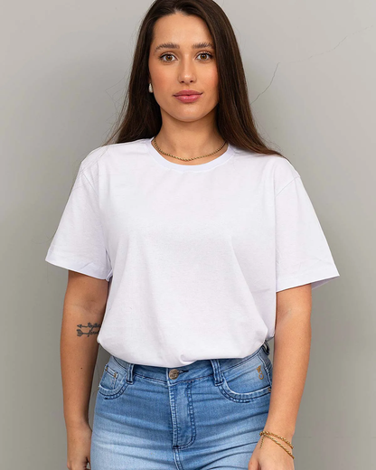 “Model wearing white relaxed fit women’s 100% cotton T-shirt – front view.”