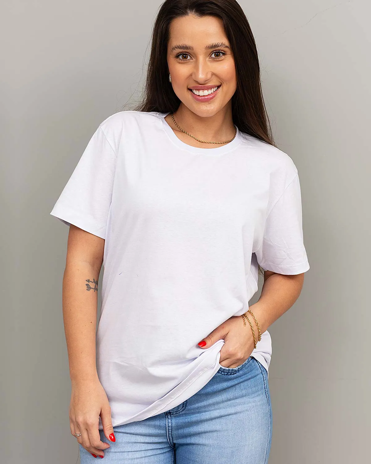 “Women’s white 100% cotton T-shirt – full front view.”